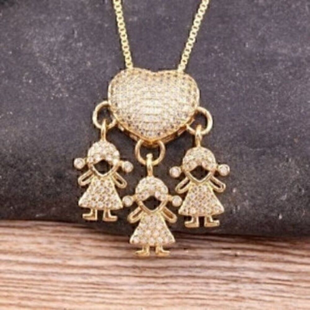 Gold Color Cubic Zirconia Family 3 Girls Pendant Necklace Copper Chain Jewelry